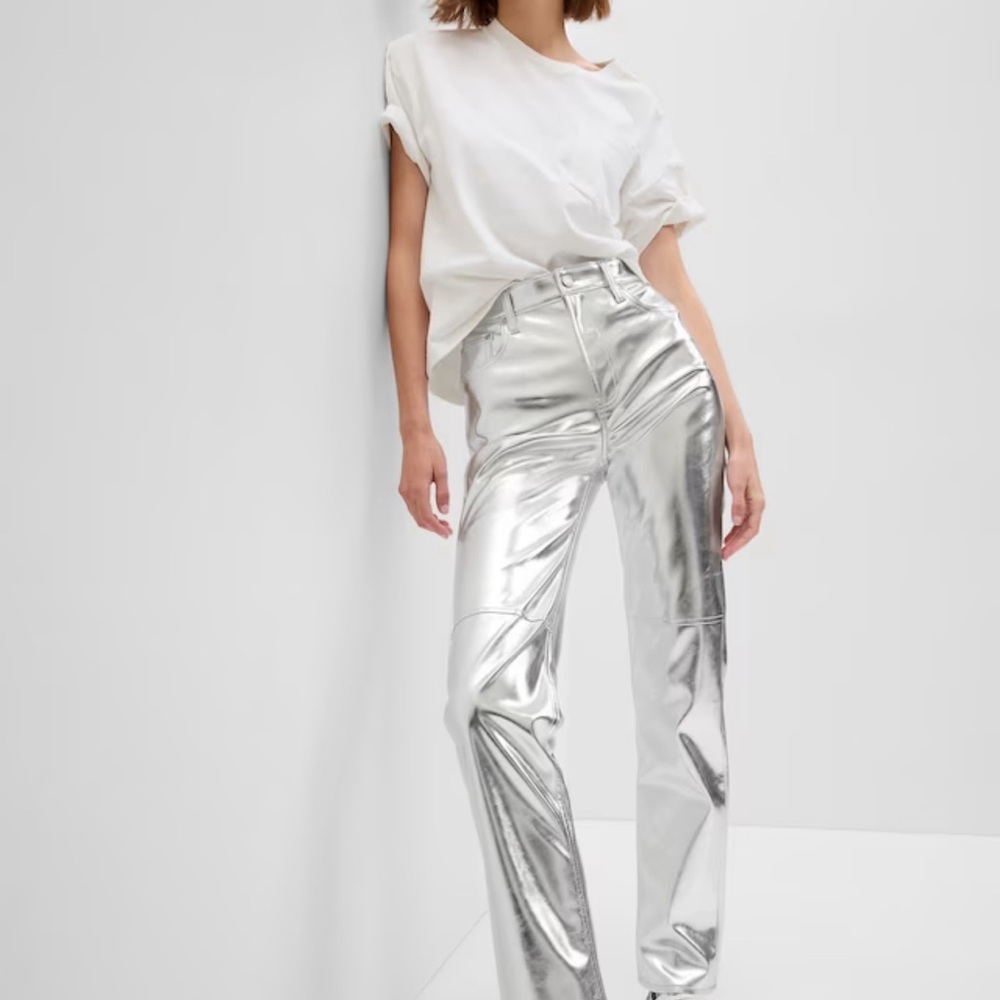 Metallic High Rise Vegan Leather Cheeky Straight Pants - size 28